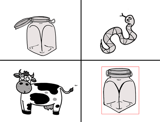 Four images of the following objects: An open jar, a snake, a cow and a closed jar 