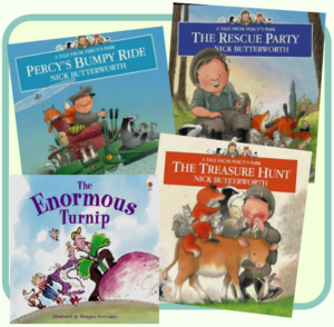 Four books. The titles of the books are: Percy's Bumpy Ride, The Enormous Turnip, The Rescue Party, and The Treasure Hunt. 
