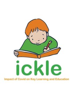 Logo of ICKLE project. Logo has a boy writing in a notebook, below the initials I C K L E, and below that it says Impact of Covid on Key Learning and Education